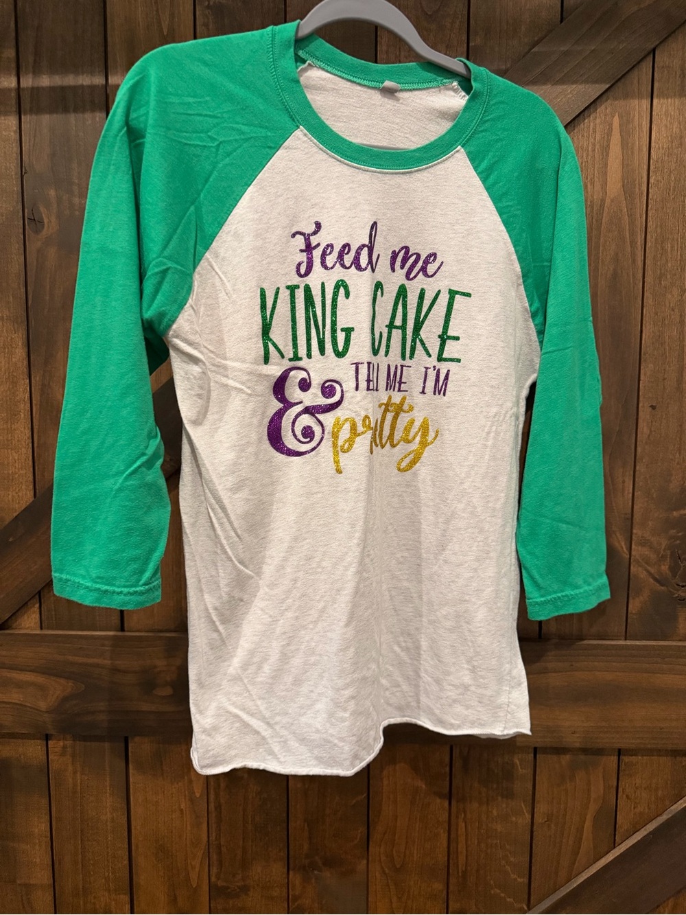 Woman’s Mardi Gras Raglan Shirt - Feed Me King Cake